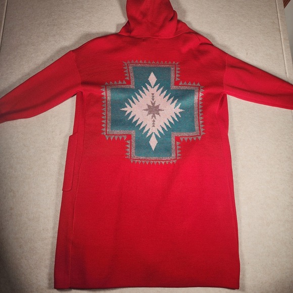 Crazy Train Sweaters - NWT Crazy Train Hooded Duster Cardigan Sweater Red Aztec Southwestern Small